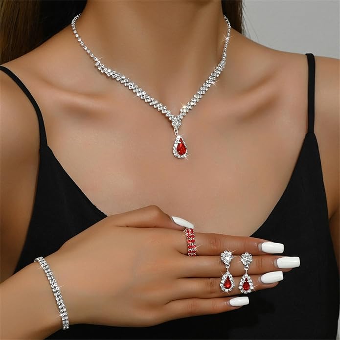 PINK TOWN Vintage Rhinestone Bridal Jewelry Sets,Crystal Wedding Prom Earrings Necklace Bracelet Set Fashion Zircon Bride Jewelry Dress Accessories for Women