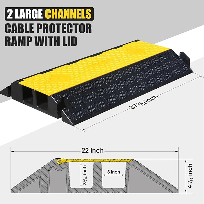 2 Large Channels Rubber Floor Cable Protector Ramp, Heavy-Duty Floor Cable Wire Cord Cover Speed Bumps, Driveway Hose Cable Ramp Protective Cover (2 Large Channels)