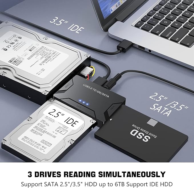 MaxRenard Hard Drive Reader USB 3.0 to SATA/IDE Adapter | Universal External Hard Drive Reader & Data Recovery Converter Kit for 2.5"/3.5" HDD/SSD | with 12V/2A Power Supply