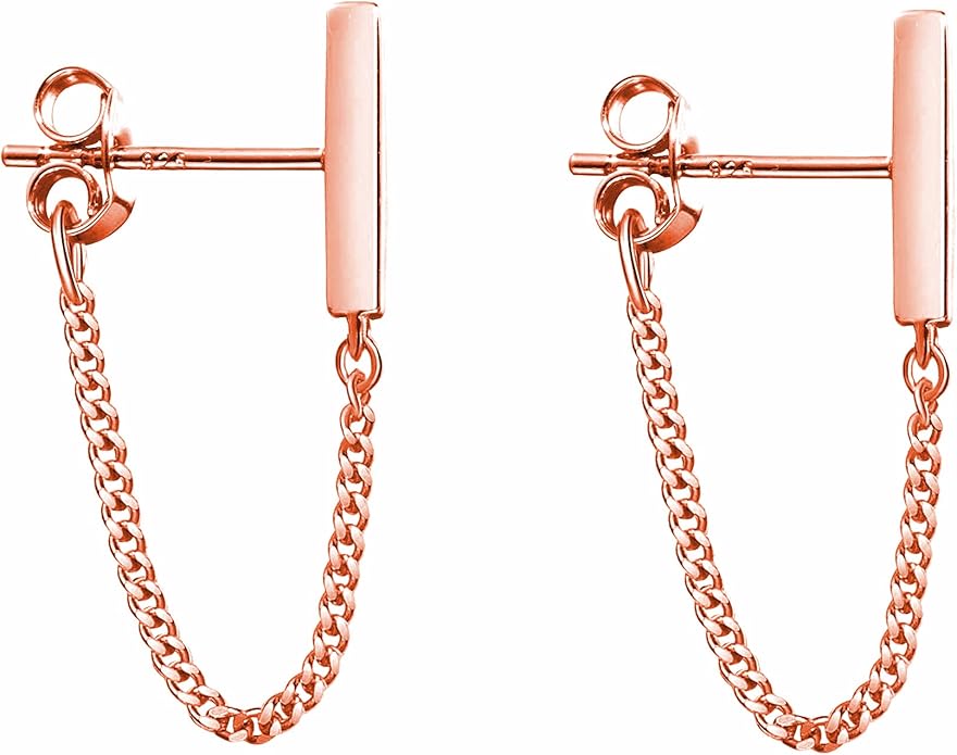 Reffeer Solid 925 Sterling Silver Stud Earrings Minimalist Bar Earrings with Chain Dangle Earrings For Women