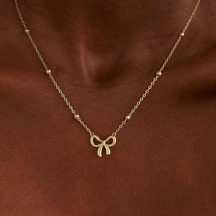 Valentines Day Gifts for Her - Dainty Bow Necklace for Women 14K Gold Plated Cute Choker Small Pendant Charm Necklaces Teen Gift Trendy Stuff Personalized Jewelry