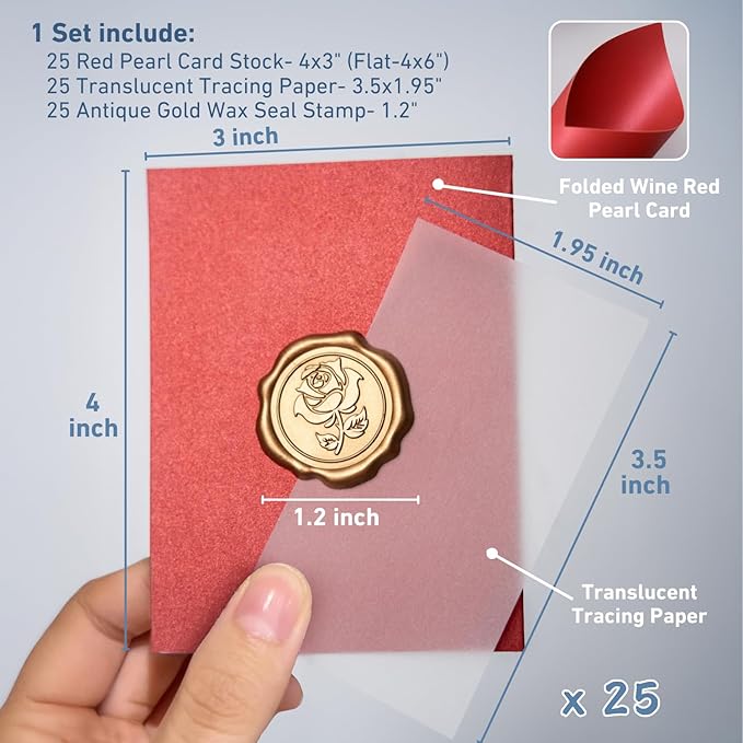 25 Pack Name Cards for Table Setting, Place Cards with Antique Gold Rose Wax Seal Sticker for Wedding, Table Tent Card Stock Handmade Decor for Party, Dinner, Home (Pearlized Wine Red)