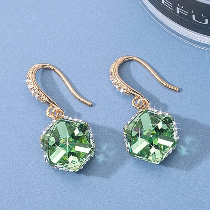 Austrian Crystal Cube Drop Dangle Earrings for Women 14K Gold Plated Hypoallergenic Jewelry
