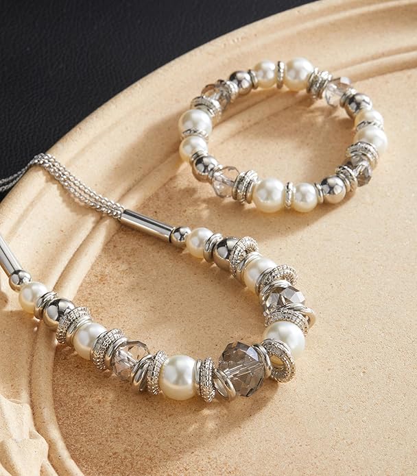 PEARL&CLUB Silver Beaded Statement Necklaces for Women Chunky Bead Necklace Bracelet and Earring Costume Jewelry Sets Gifts for Mom