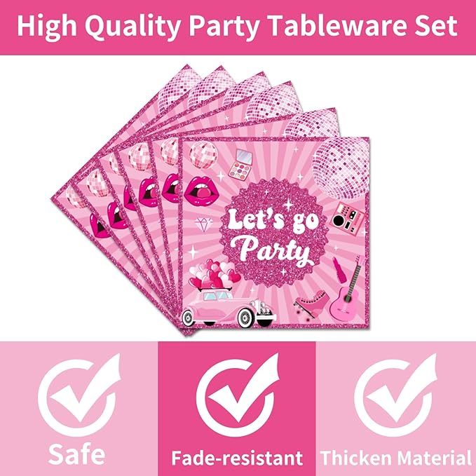 96PCS Let's Go Party Plates and Napkins Party Supplies Hot Pink Girls Party Decorations Baribe Themed Disposable Paper Tableware Set Serves 24 Guests