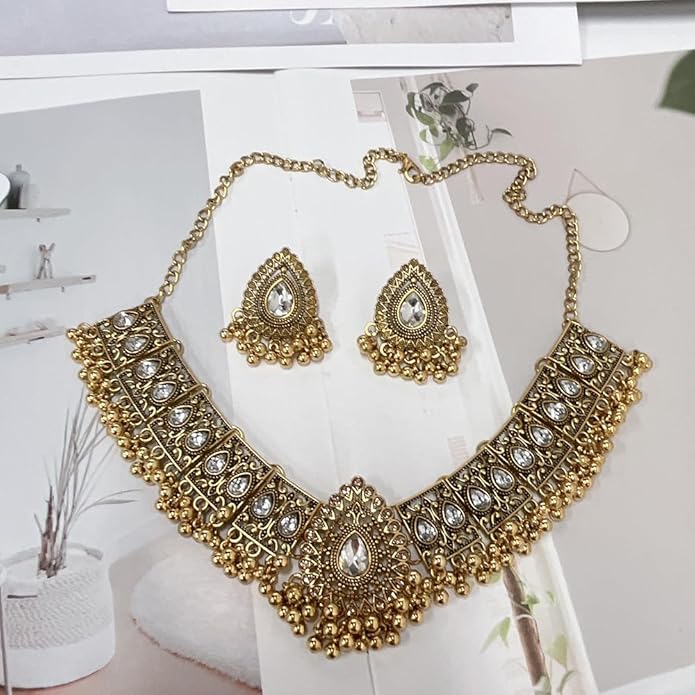 Indian Wedding Bridal Traditional Bohemian Jewellery Set for Women Girls Antique Oxidized Ethnic Party Prom Wear Statement Necklace Earring Tassel Bollywood Choker Punk Crystal Fashion Gift for Bride