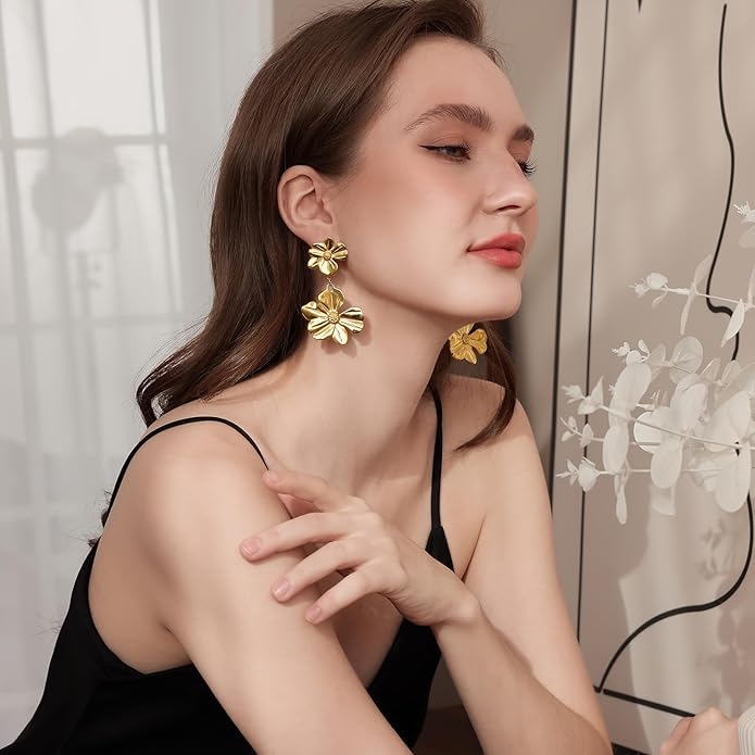 Gold Flower Statement Earrings for Women, Large Chunky Bohomian Summer Beach Floral Earring, Irregular Bold Exaggerated Earrings