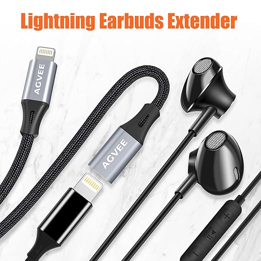 AGVEE 2 Pack 1ft Lightning Extension Cable, Braided Female to Male Extender Full Function Cord Compatible with iPhone iPad, Data Sync Video Audio & Charging Connector Adapter, Dark Gray