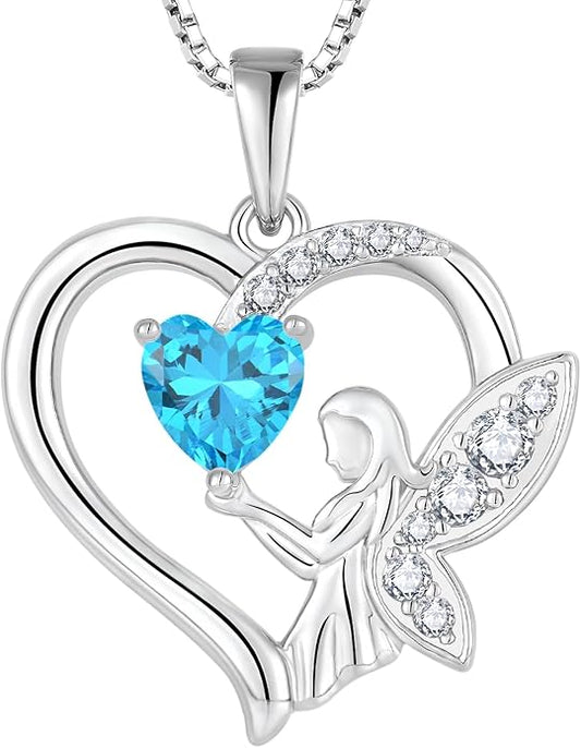 Guardian Angel Necklace 925 Sterling Silver Heart Angel Wings Pendant Birthstone Jewelry for Women