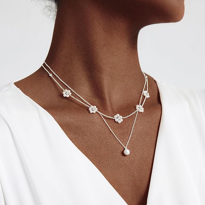 Zeffy Gold Pearl Necklace for Women, Dainty 14K Gold/Silve Plated Layered Pearl Choker Pearl Earrings Pearl Bracelets Wedding Trendy Gold Jewelry Set for Women Gifts