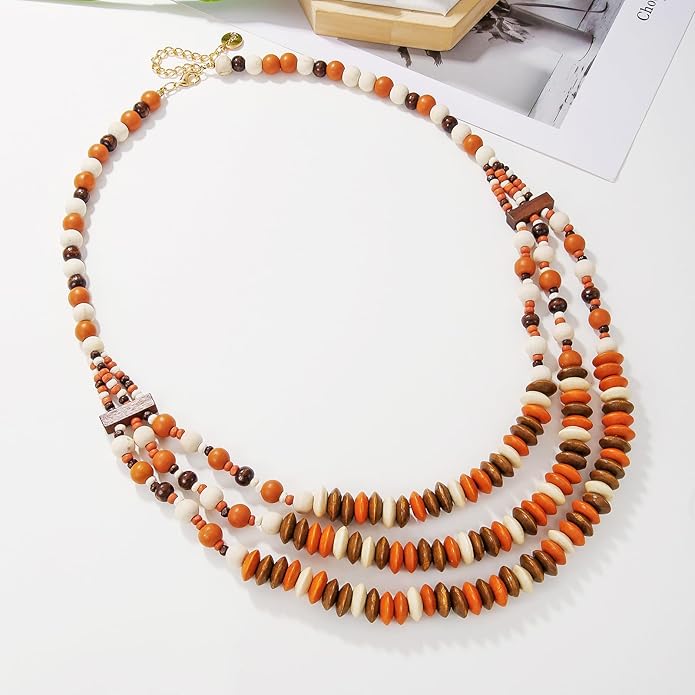 Coiris Layer Chunky Wood Beaded Necklace Exaggerated Statement Bead Collar Necklace Bib Necklaces