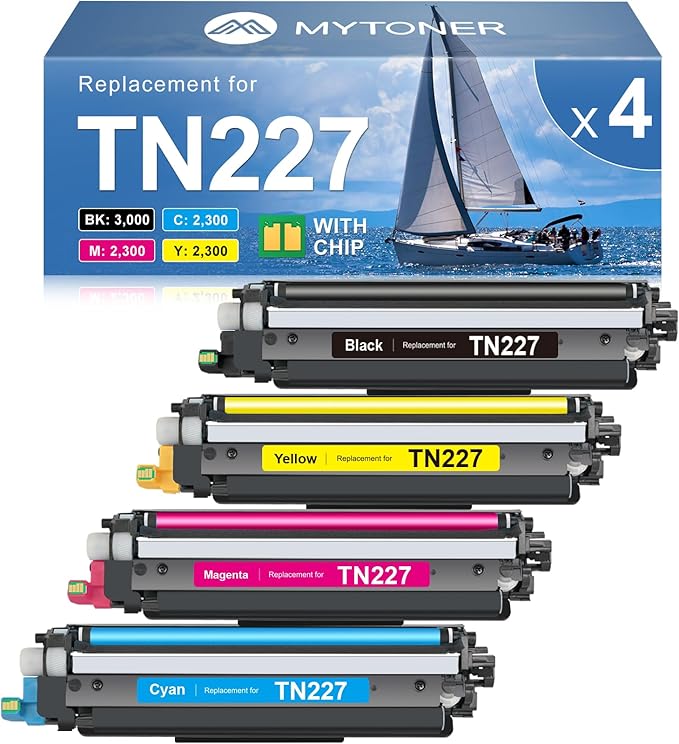 MYTONER TN227 High Yield Toner Cartridge 4 Pack Compatible Replacement for Brother TN227 TN-227 TN227BK TN223 for HL-L3210CW MFC-L3750CDW MFC-L3710CW HL-L3270CDW (TN-227BK/C/M/Y High Yield, 4Pack)
