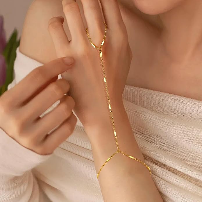 Hand Chain Bracelet, Adjustable Hand Jewelry Chain Bracelet with Ring, Trendy Gold Handchains Jewelry