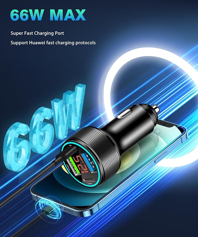 66W USB C Car Charger 4 Port Car Charger Adapter with 30W PD, 3.1A Aluminium Alloy Car Cigarette Lighter USB Charger with LED Voltmeter Compatible with Phone 15 14 13