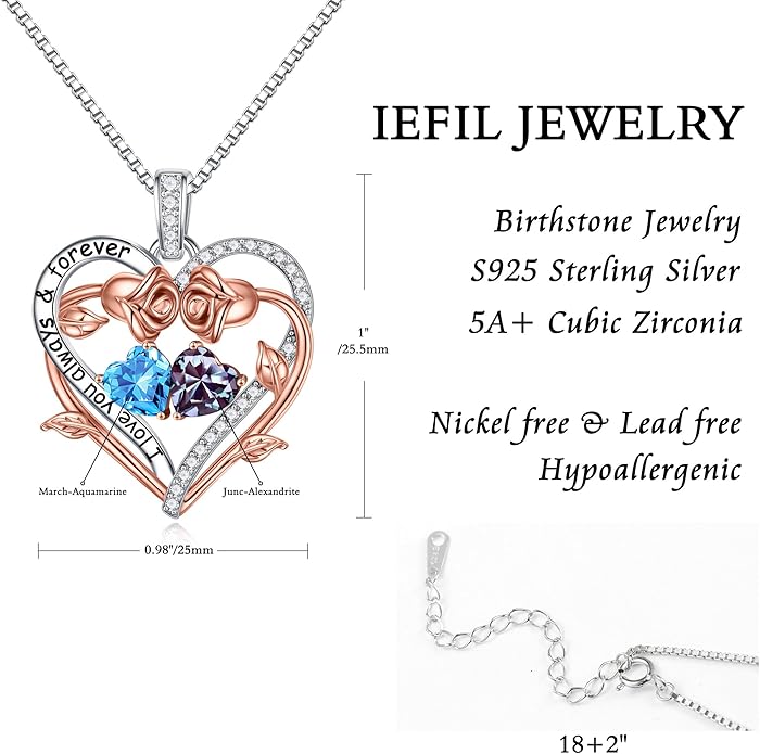 Iefil Valentines Gifts for Her Wife Women - Rose Heart Double Birthstone Necklace Gift for Wife Girlfriend Her Women, Birthstone Jewelry Gemstone Birthday Gifts for Mom Grandma Her