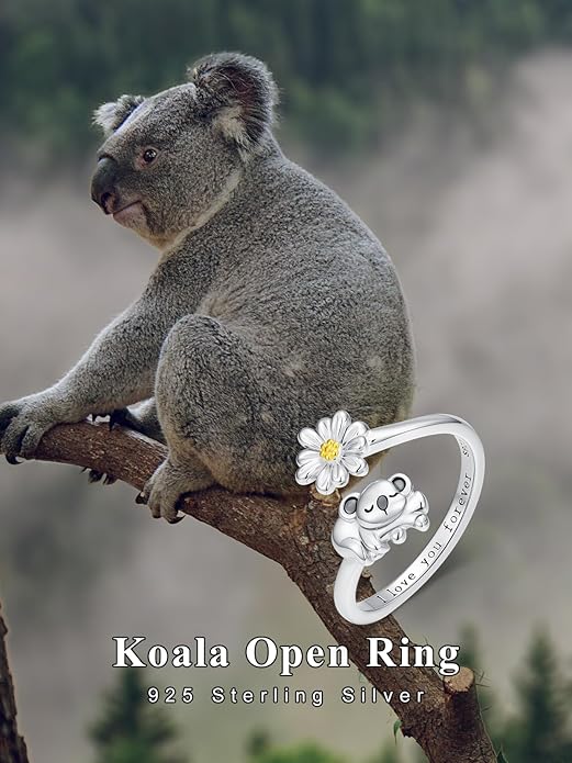 Animal Open Ring 925 Sterling Silver Koala/Panda/Highland Cow/Elephant Adjustable Ring Cute Animal Daisy Jewelry Gifts for Women