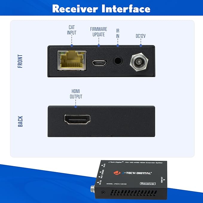 J-Tech Digital HDMI 2.0 4K 1x4 Splitter Extender Over Single Cable CAT6 with PoC Up to 196 FT 1-in 4-Out w/Local Loop Output & Low Latency [JTECH-14EX50]
