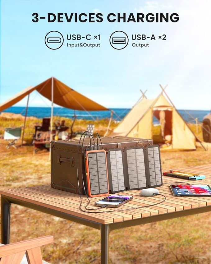 Hiluckey Solar Charger Power Bank 27000mAh - 22.5W Fast Charging Portable Phone Charger with 4 Solar Panels - USB C PD External Battery Pack with 3 USB Outputs for Cellphone Tablet