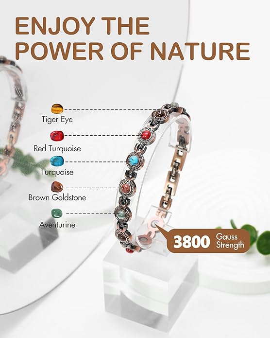 Feraco Pure Copper Bracelets for Women, Ultra Strength Magnetic Bracelet with 3800 Gauss Magnets & Natural Turquoise & Stones, Adjustable, Jewelry Gift