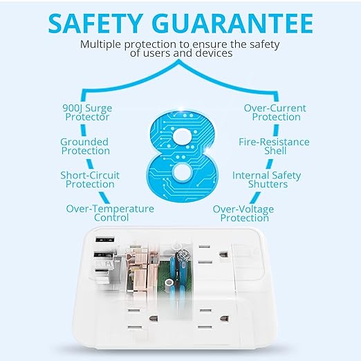 Wall Charger, Surge Protector, 6 Outlet Extender with 3 USB Charging Ports (1 USB C, 3.4A) 900J Wall Mount Power Strip Multi Plug Outlets for Home Travel Office ETL Listed