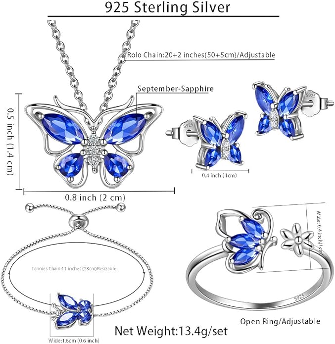 925 Sterling Silver Birthstone Butterfly Jewelry Women Crystal Animal Cute Butterflies Birthday Necklace/Earring/Ring/Bracelet Sets Birth Stone Statement Anniversary Jewellery