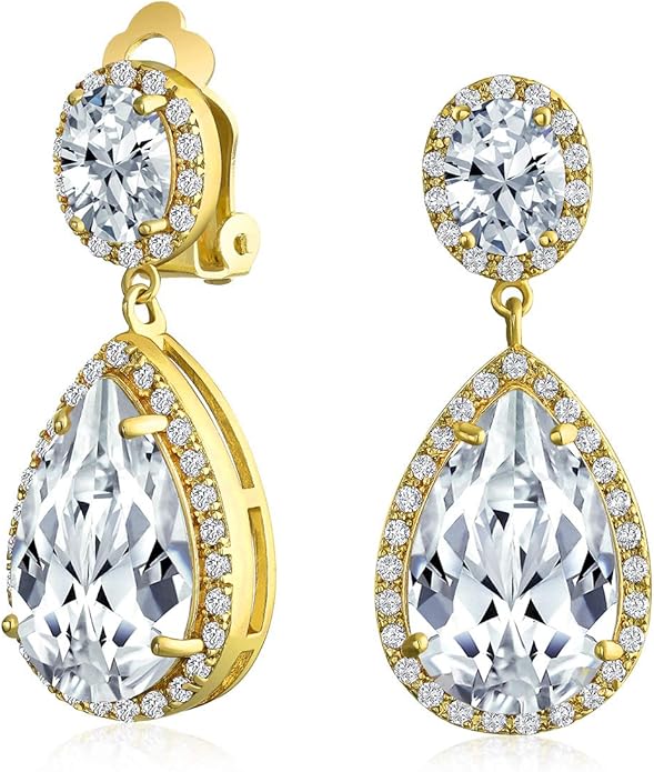 Vintage Style Bridal Cubic Zirconia Simulated Gemstone AAA CZ Halo Dangle Teardrop Chandelier Clip On Earrings For Women Silver Rose Gold Plated in Black Purple Blue Red Rose Pink Green Clear