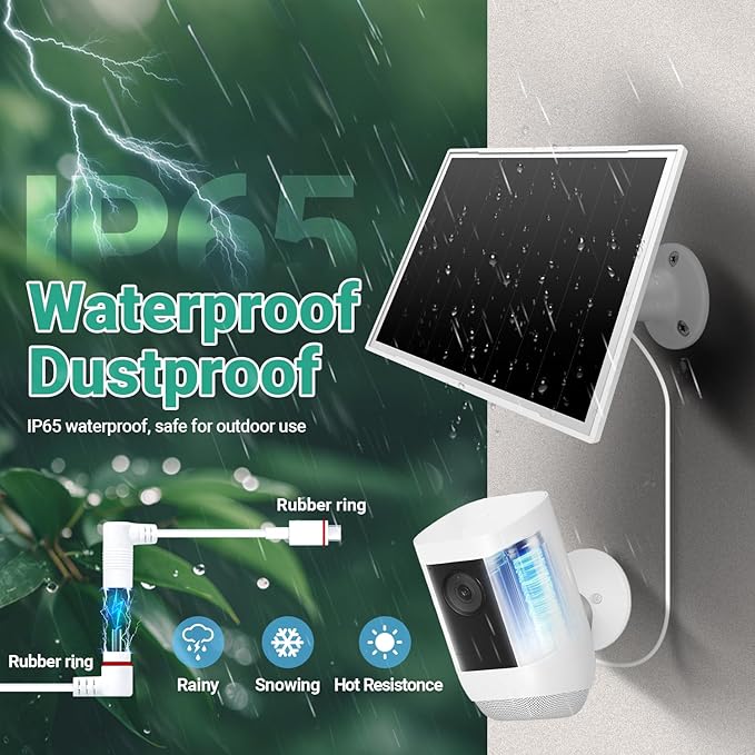2-Pack Solar Panel Charger for Ring Camera, 8W High-Efficiency - Compatible with Ring Spotlight & Stick Up Cam Pro/Plus, 16ft Long Cable, 3.5mm to USB-C Adapter, IP65 Waterproof, White