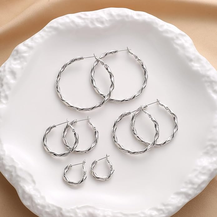 14k Gold Plated Hoop Earrings for Women, 925 Sterling Silver Posts Thick Twist Hypoallergenic Chunky Large Earrings 20mm 30mm 40mm 50mm