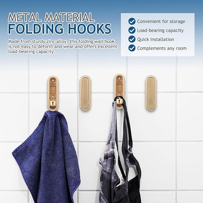 4PCS Gold Foldable Wall Hooks, Metal Folding Hooks Wall Mount, Easy Installation, Suitable for Bathroom Kitchen, Flip Down Hook for Wal l Hanging Coat, Bag, Towel, Key, Hat (Black)
