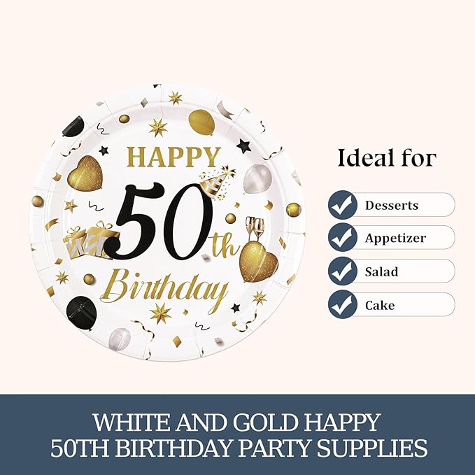 75PCS 50th Birthday Plates and Napkins Party Decorations, 7 Inch White and Gold Happy 50th Birthday Paper Dessert Cake Plates and Napkins Set Disposable Tableware Party Favors for Women Men