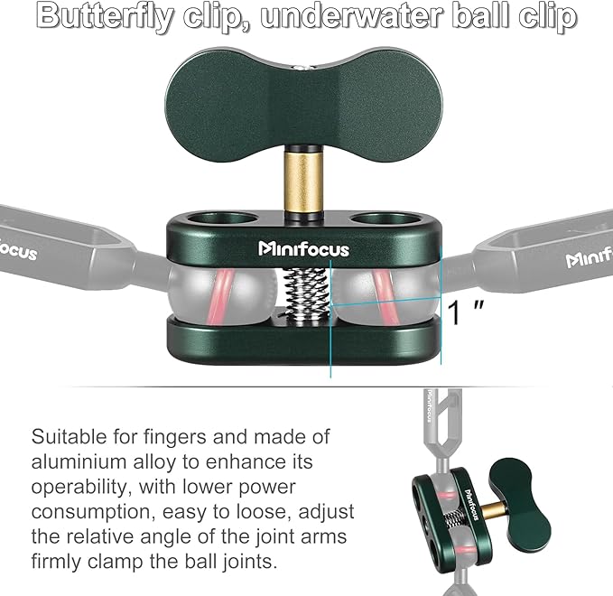 MINIFOCUS Aluminum 1" Ball Clamp Mount, Double Socket Arm, 360° Spring Clip Adapter Bracket Holder for Underwater Diving Photography System, Compatible with B Size 1" Ball Components for RAM