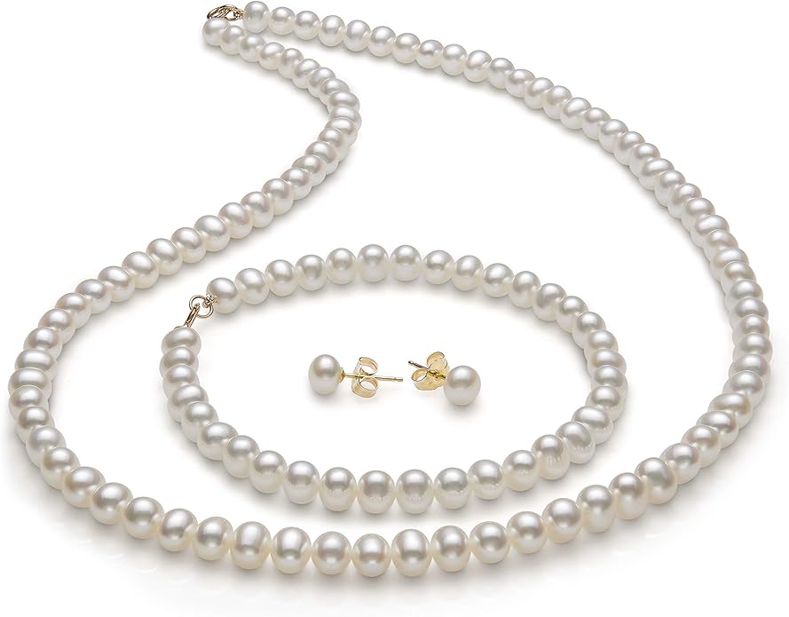 Belacqua 14K Gold Freshwater Pearl 18" Necklace Bracelet Stud Earrings Set for Women | Jewelry for Her | Gift Box Included