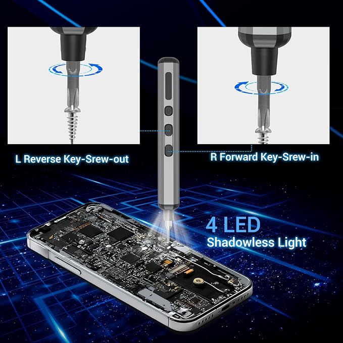 Mini Electric Screwdriver Set for Phone Watch Electronics PC Glasses with 68-in-1 Magnetic precision S2 bits, Adjustable Torque LED lights, Cordless Portable long runtime Rechargeable Type-C port