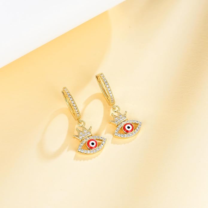 Evil Eye Earrings 14K Gold Crown Delicate Crystal Devil's Eye Huggie Drop Earrings, Fashion Christmas Jewelry Gift for Her Evil Eye Jewelry Gifts for women