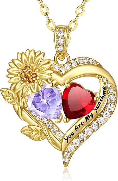 Sunflower Heart Necklace for Women 14K Gold Exquisite Valentines Day Anniversary Birthday Gifts for Wife Mother Her Double Birthstone Pendant Jewelry‘You Are My Sunshine’