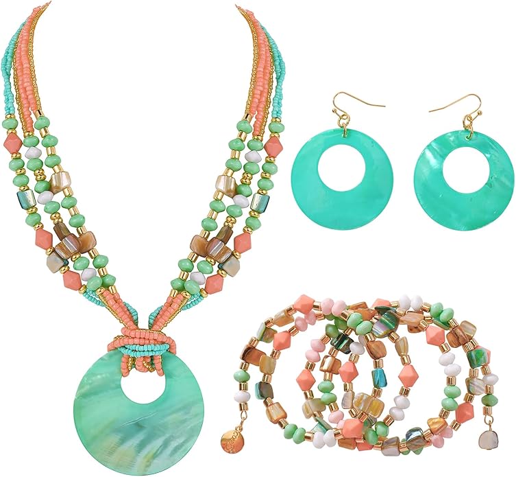 Jewelry Sets for Women 4 Pcs Chunky Beaded Mrs Roper Costume Jewelry for Women Boho Multi Strand Colorful Shell Necklace for Women