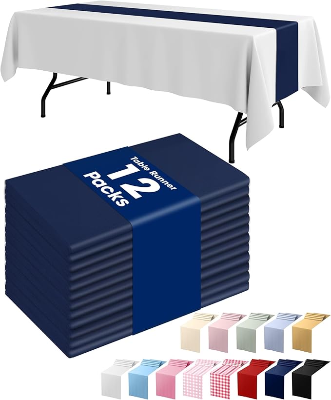 Pureegg Navy Blue Plastic Table Runners - 12 Pack, 14'' x 108'', Water Resistant & Disposable Centerpiece Decorations for Table Cloth, Wedding, Birthday, Holiday, Baby Shower, Party, Home Decor