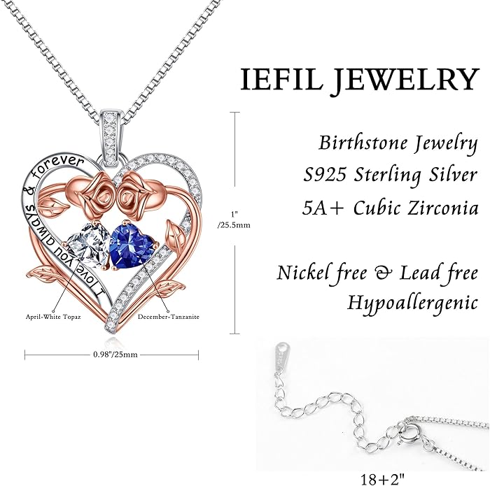 Iefil Valentines Gifts for Her Wife Women - Rose Heart Double Birthstone Necklace Gift for Wife Girlfriend Her Women, Birthstone Jewelry Gemstone Birthday Gifts for Mom Grandma Her