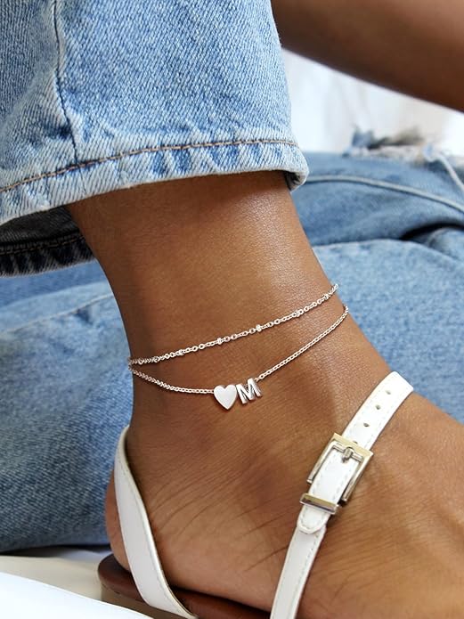Suplight Stainless Steel Initial Ankle Bracelets for Women Layered Dainty Heart Anklet Beaded Anklets for Women Waterproof Plus Size Ankle Foot Chain Summer Essentials Jewelry(with Gift Box)