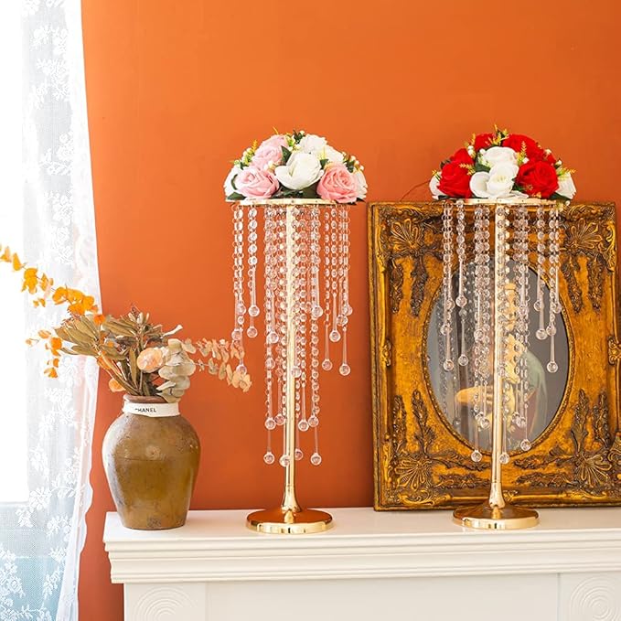21.6in Bead Crystal Flower Arrangement Stand, Golden Flower Holder 2-Piece Lead Road Candle Holder,for Home Party Wedding Anniversary Christmas Decorations
