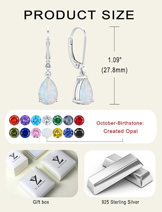 YL 925 Sterling Silver Teardrop Dangle Drop Earrings for Women 7x10 MM Solitaire Birthstone Leverback Jewelry