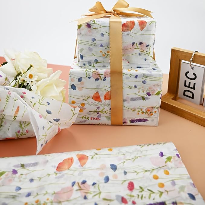TINYFUTURE 100 Sheets Flower Gift Wrapping Tissue Paper Recyclable Greenery Botanical Packaging Bag for Wedding Birthday Showers Art Craft Party Favor Decoration