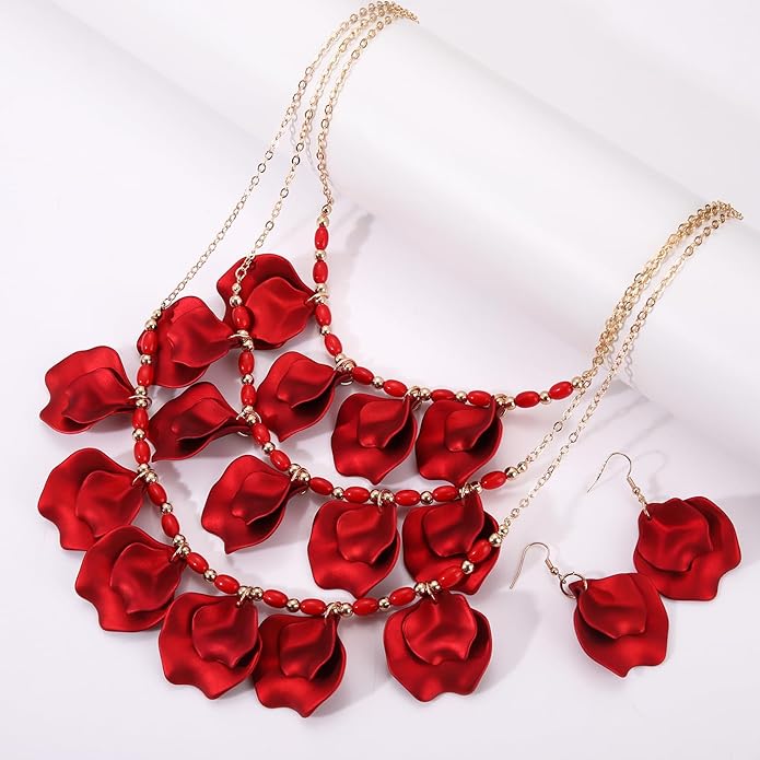 Flower Petal Necklace Earrings Set Layered Statement Beaded Jewelry Set for Women Summer Necklace Earrings