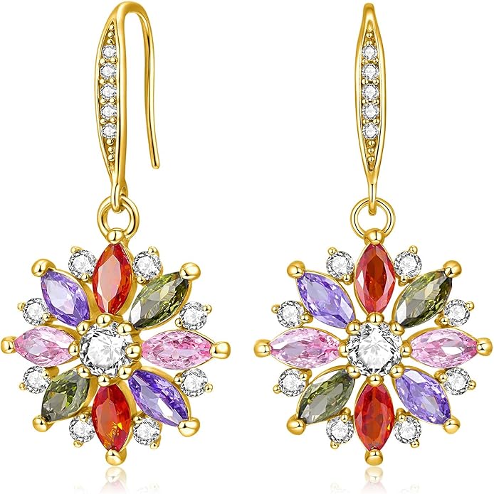VONSSY Colorful Snowflake Pendant Necklace Earrings Rose Gold 5A Cubic Zirconia | Crystal Sweater Chain | Multi Gemstone Garnet Amethyst Morganite Peridot Prom Rhinestone Necklaces for Women Vintage Stylish Gift