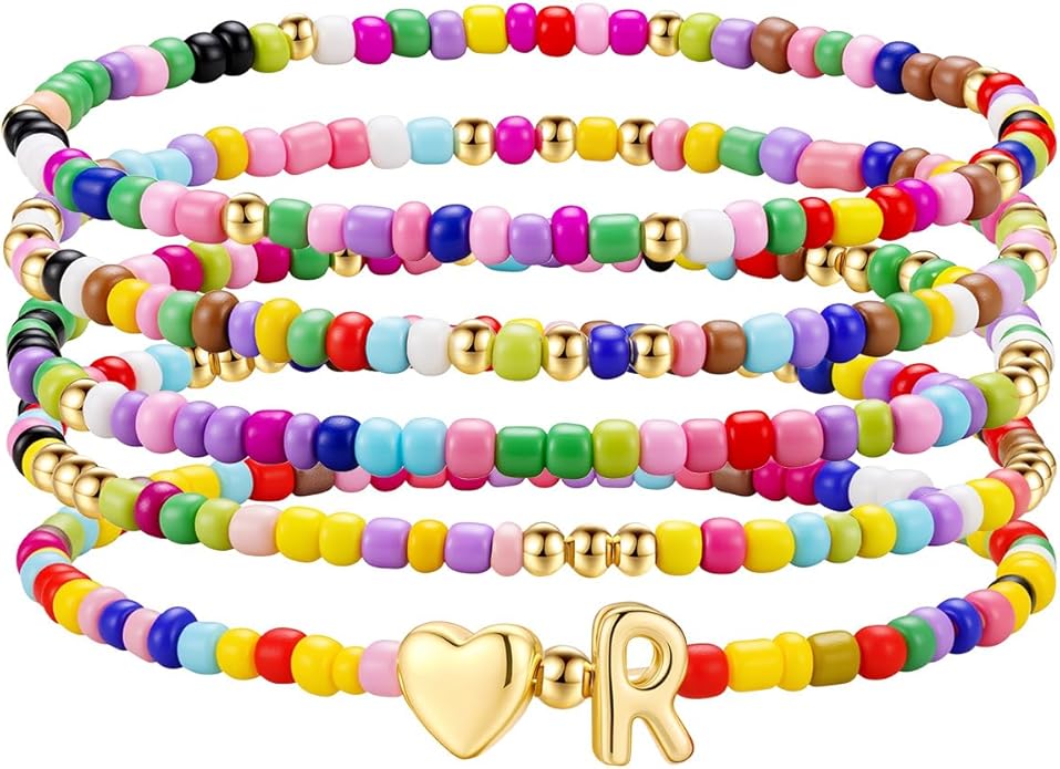 M MOOHAM Valentines Gifts for Kids - 5PCS Colorful Beaded Initial Bracelets for Girls Women Cute Stretch Heart Letter Bracelet Initial Stackable Bracelet Birthday Gift Jewelry for Kids Teen Girl