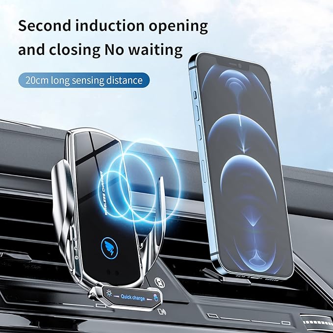 Wireless Car Charger Mount Automotive Electric Induction 15W Fast Charging Auto Clamping Car Phone Holder Mount Wireless Charging Mount Air Vent Phone Holde Compatible with All Android (Silver)