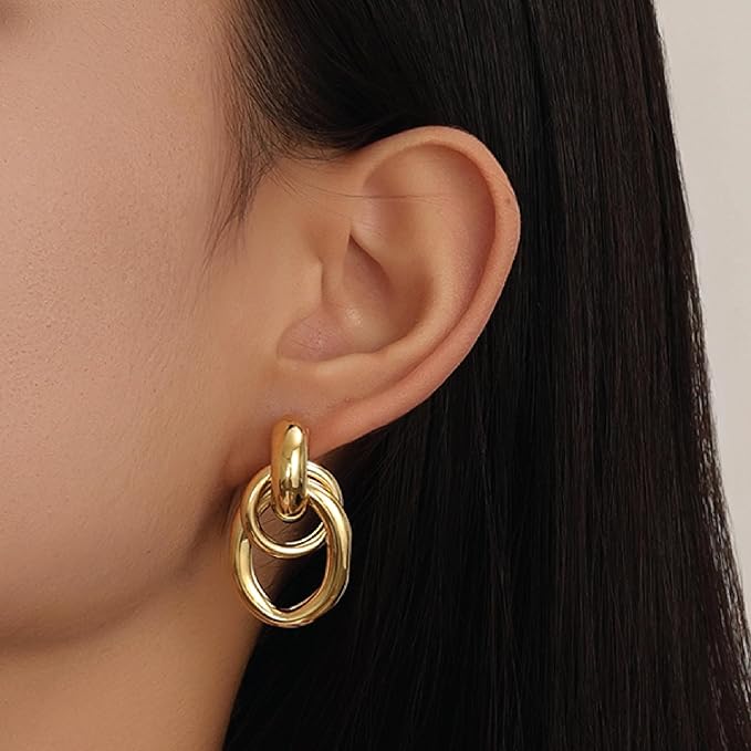 Chunky Gold/Silver Earrings for Women Knot Link Circle Statement Geometric Drop Dangle Earrings Studs Trendy Jewelry (Oval-Knot Earrings)