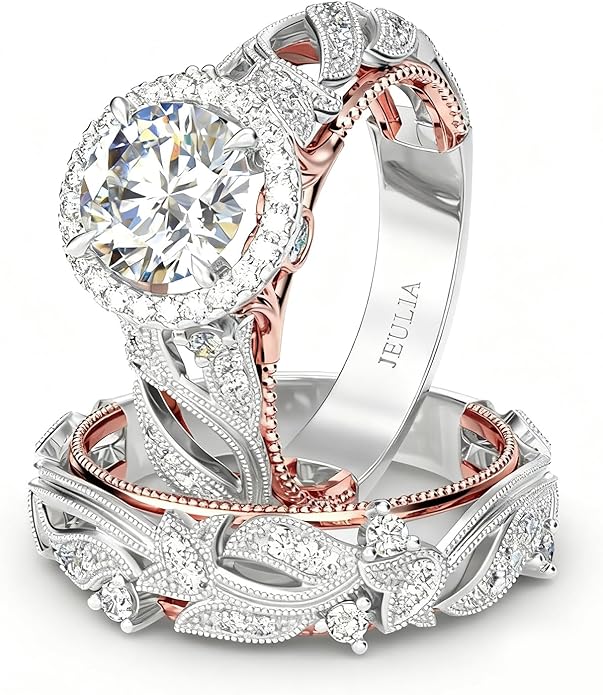 Jeulia 4 Carat Openwork Ring Sets for Women 925 Sterling Silver Wedding Sets Rose Gold Round Cut Halo Engagement Ring White Diamond band CZ Solitaire Anniversary Promise Rings