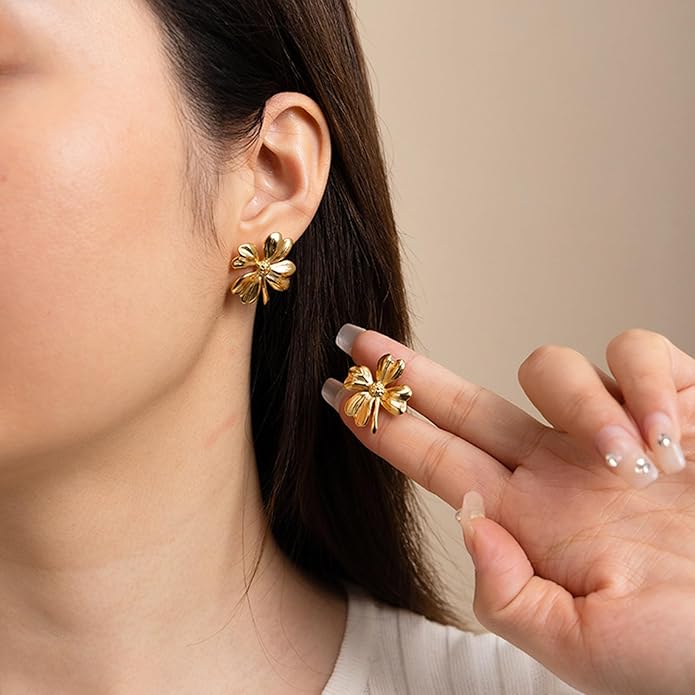 Gold Flower Statement Earrings for Women, Large Chunky Bohomian Summer Beach Floral Earring, Irregular Bold Exaggerated Earrings