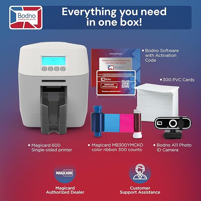 Bodno Magicard 600 Single Sided ID Card Printer & Complete Supplies Package ID Software - Bronze Edition